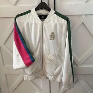White AlphaStyle Performance Track Jacket with Green & Pink Accents